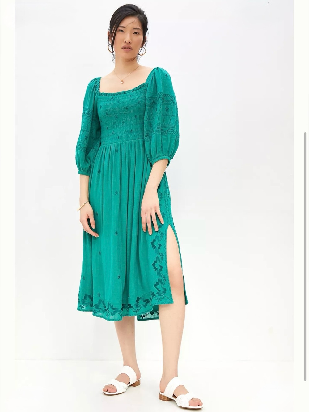 Anthropologie Green Bonnie Smocked Midi Floral Embroidered Dress with Pockets